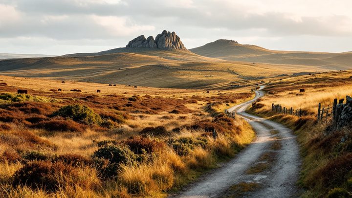 Open moorland with granite tors and a winding lane on Bodmin Moor