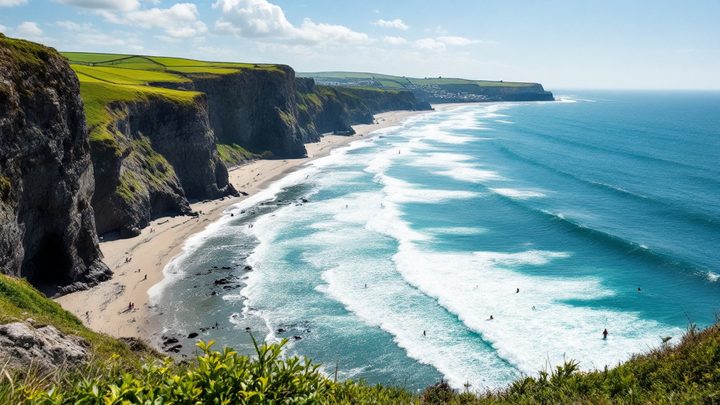 Surf beach below tall cliffs on the north Cornwall coast