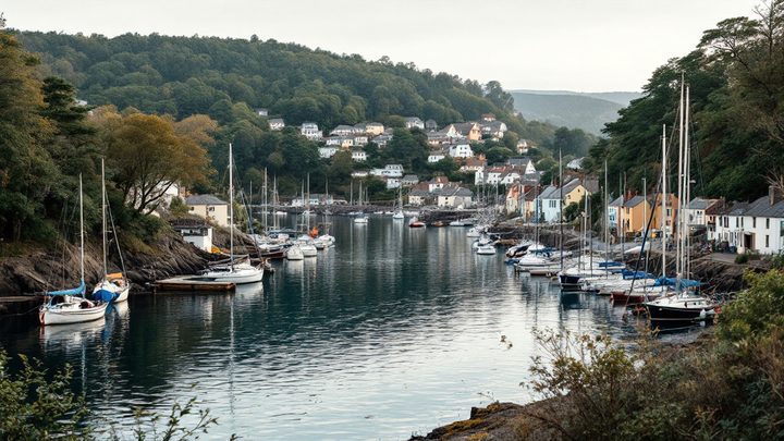 Sailing boats on a wooded estuary below a harbour village on the south Cornwall coast