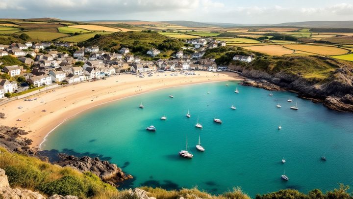 A harbour town around a sandy bay with turquoise water in west Cornwall
