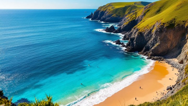 A sandy cove with turquoise water between rocky green clifftops