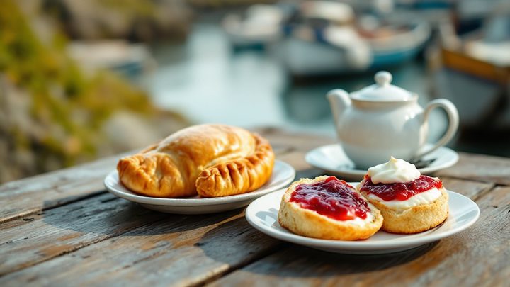 A Cornish pasty and a cream tea with jam and clotted cream on a table by a harbour