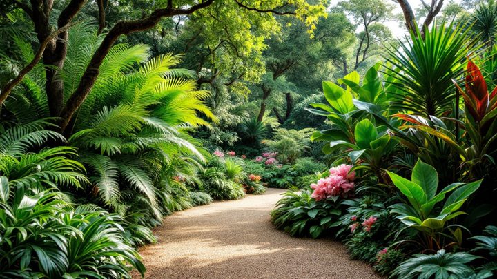 A gravel path through a subtropical garden of tree ferns, palms and rhododendrons