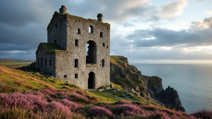 A ruined granite building on a clifftop above the Atlantic, with heather in the foreground