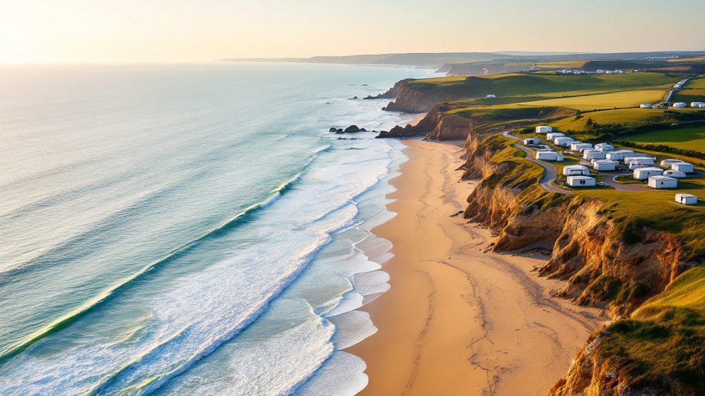 Sandy surf beach below green clifftops on the north Cornwall coast, with static caravans on a holiday park along the headland