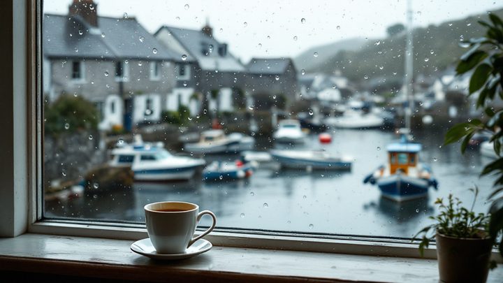 A harbour seen through a rain-covered cafe window, with a cup of coffee on the sill