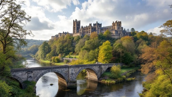 A Norman cathedral and castle above a river loop and wooded banks