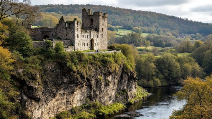 A market town with a ruined castle above a river