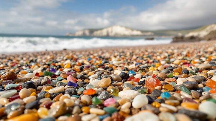 A beach of colourful sea glass and pebbles below limestone cliffs
