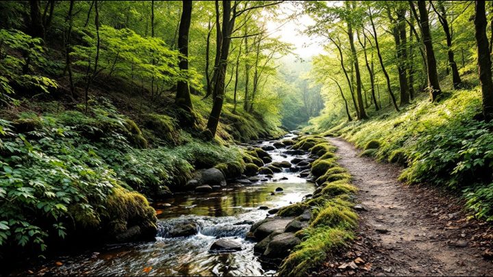 Forest trails and a stream in a green wooded valley