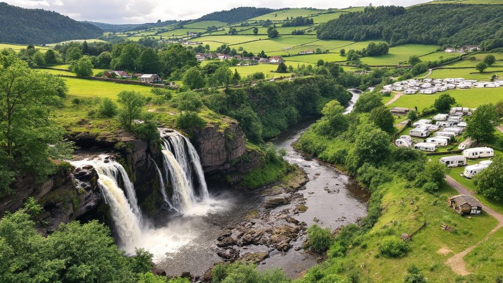 Green dales and stone walls in County Durham with static caravans on a countryside park