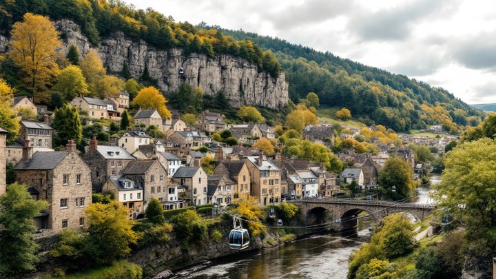 A river gorge town with cable cars rising to a wooded hilltop