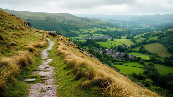 A grassy ridge path above a green valley with a village below