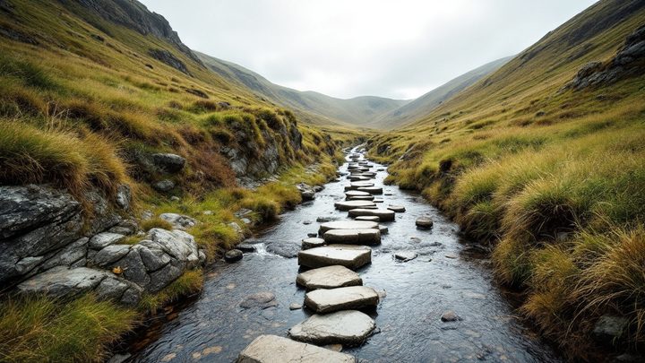 A limestone dale with a river and stepping stones