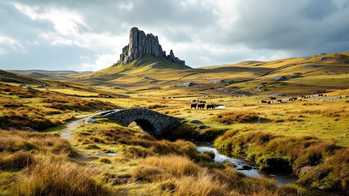 Open moorland with a granite tor on the skyline and a stone bridge over a stream