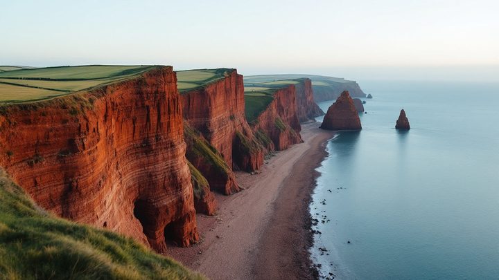 Red sandstone cliffs and sea stacks above a pebble beach