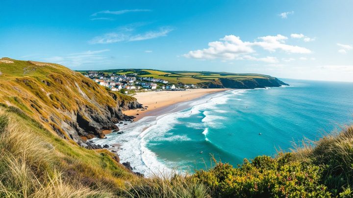 A sandy surf bay between grassy headlands with a village in the valley behind