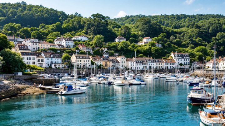 Colourful houses on a wooded hillside above a harbour full of sailing boats