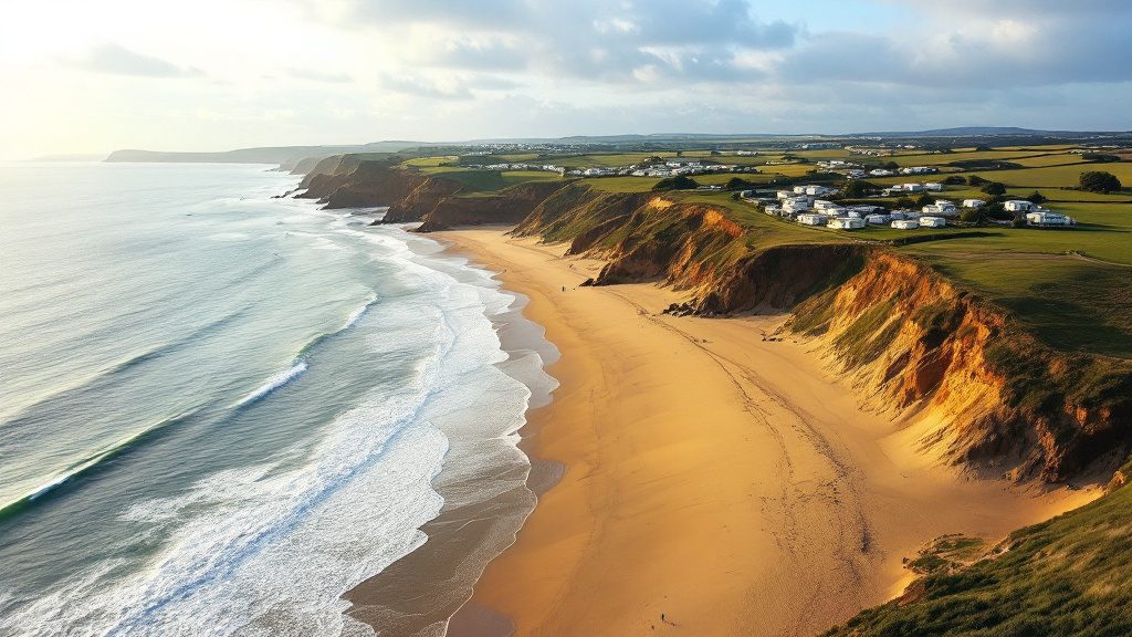 A long golden surf beach below grassy cliffs on the north Devon coast, with static caravans on a holiday park above