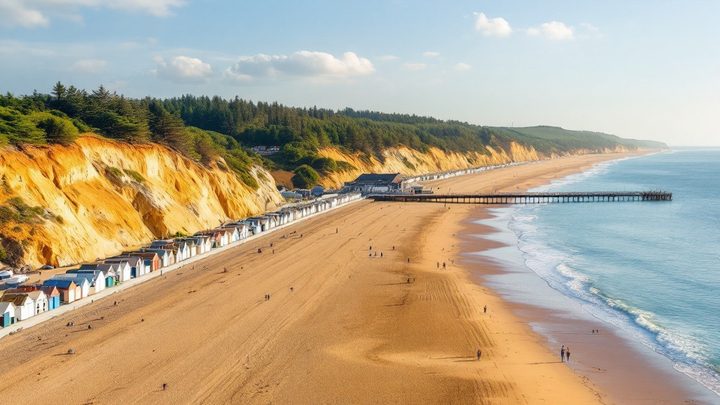 A long sandy beach with a pier and pine-covered cliffs