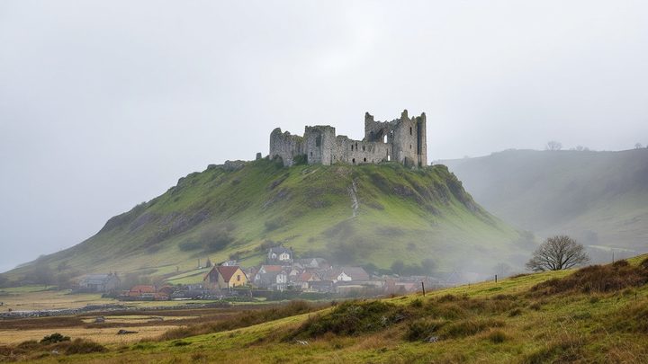 A ruined castle on a green hill above a stone village