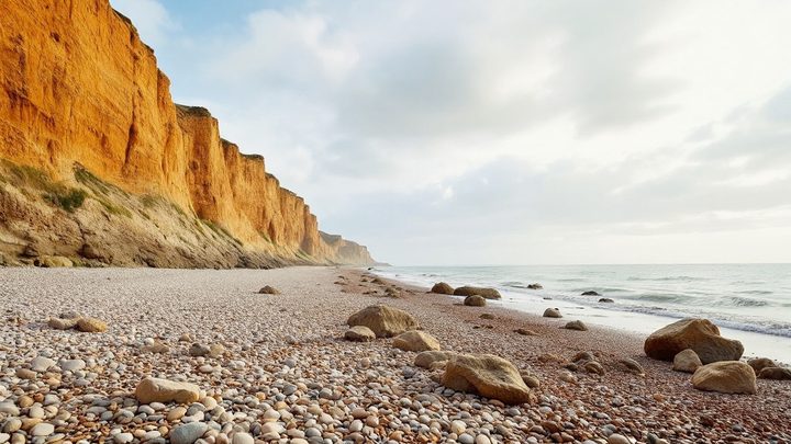 Golden cliffs above a pebble beach, with fossils in the rocks