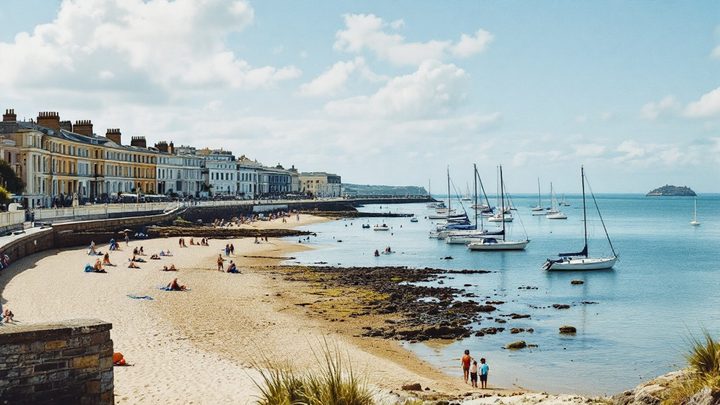 A sheltered sandy bay in front of a Georgian seafront, with sailing boats