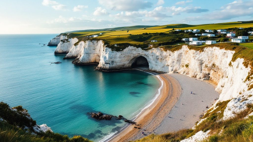 Limestone cliffs and a sandy bay on the Dorset coast, with static caravans on the hillside
