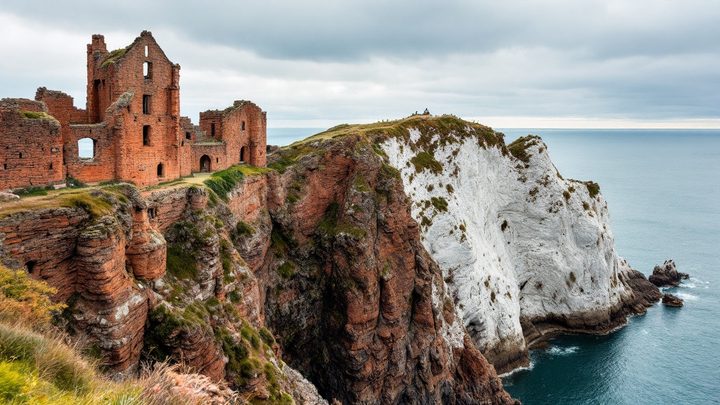 A clifftop castle ruin facing a rocky island white with seabirds