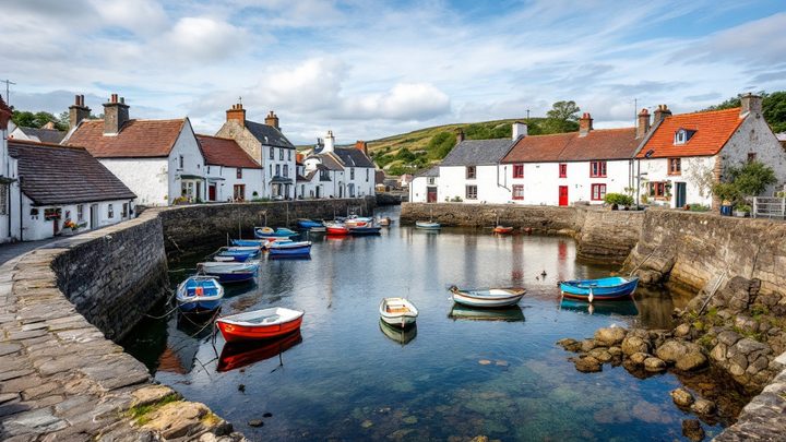 A small stone fishing harbour with colourful boats and old houses