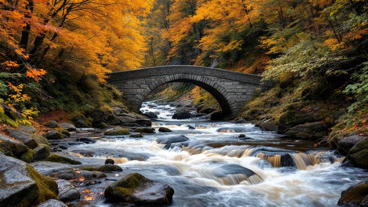 A wooded river gorge with autumn colours and a stone bridge