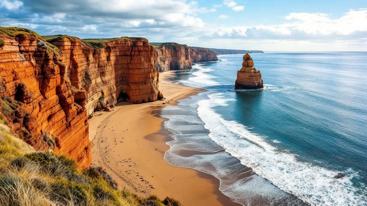 Red sandstone cliffs and sea stacks above a sandy bay