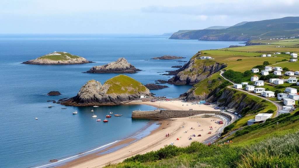 A sandy bay and harbour on the east coast of Scotland, with static caravans on the clifftop