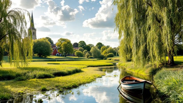 A river winding through water meadows with willow trees and a church tower beyond