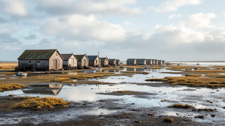 Wooden sheds and small boats on the creeks and saltmarsh of an estuary at low tide