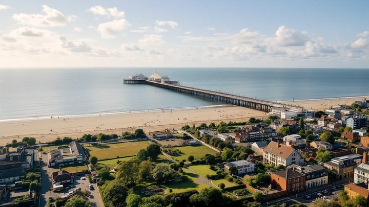 A very long pier stretching out from a sandy beach and seafront gardens