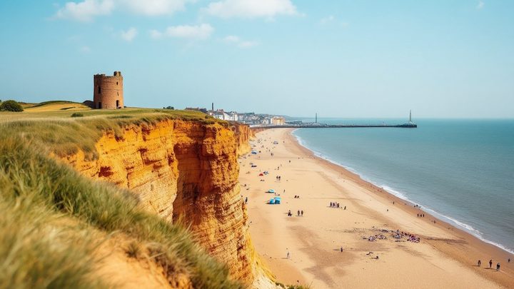 Sandy cliffs and a brick tower above a long beach, with a pier in the distance
