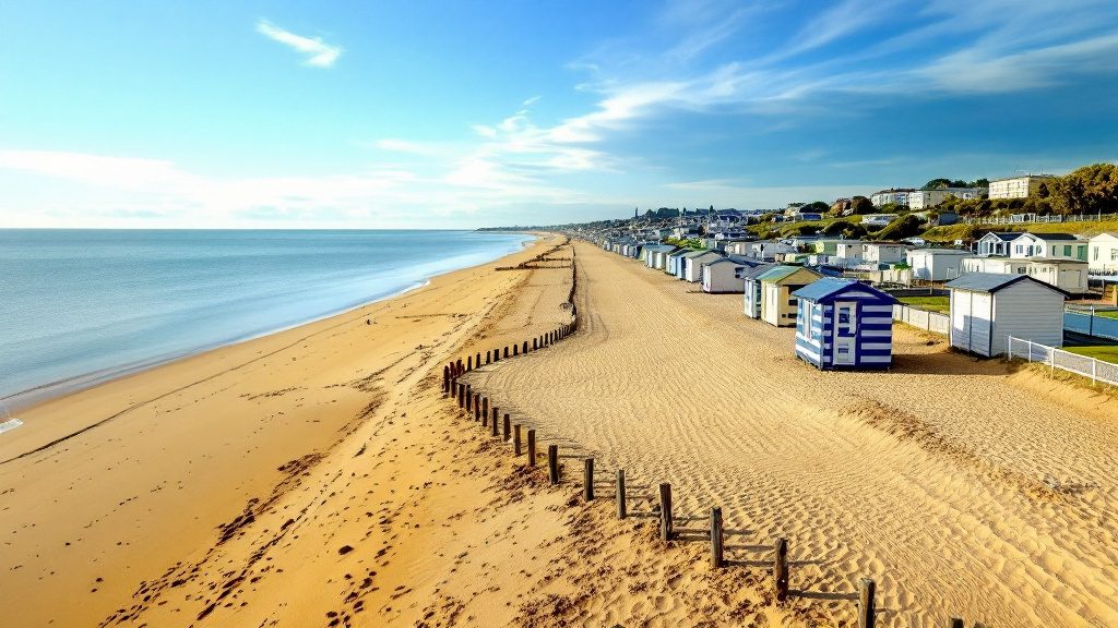 A long sandy beach with wooden groynes and beach huts on the Essex coast, with static caravans behind the seafront