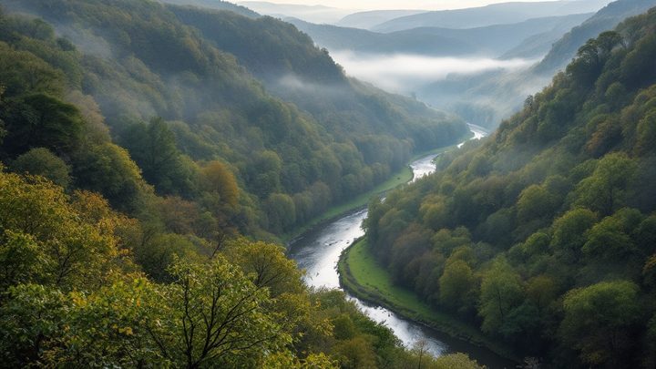 A river winding in a deep loop through a wooded gorge