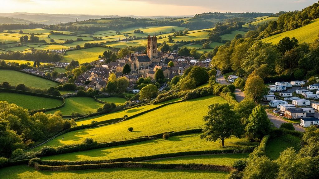 Rolling Cotswold hills and a stone village with static caravans on a countryside park