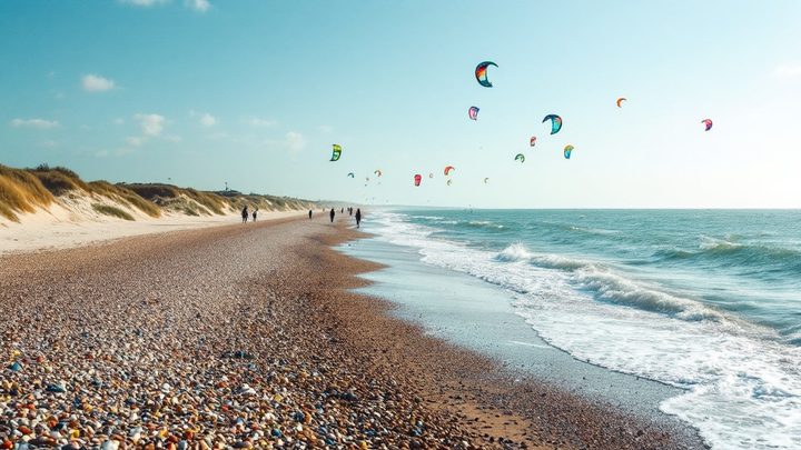 A long shingle beach with windsurfers and kites on the water