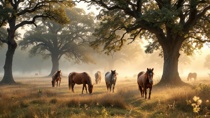 Ponies grazing on open heath among ancient oak trees