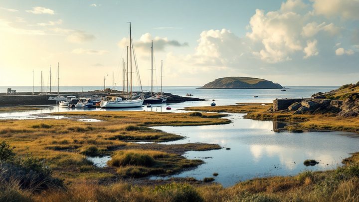 A harbour with sailing boats and saltmarsh, with an island across the water