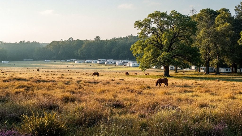New Forest heathland with ponies grazing near a holiday park of static caravans