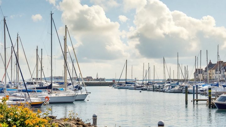 Yachts moored in a sheltered harbour beside a waterfront town