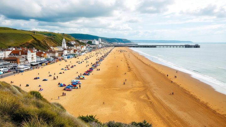 A long sandy beach and esplanade in front of a Victorian seaside town