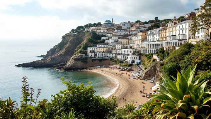 A Victorian town built on terraces above a small sheltered beach