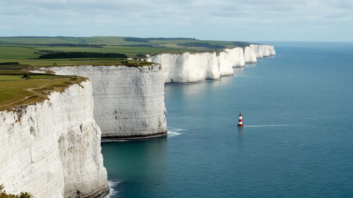 Chalk stacks and a lighthouse at the western tip of an island