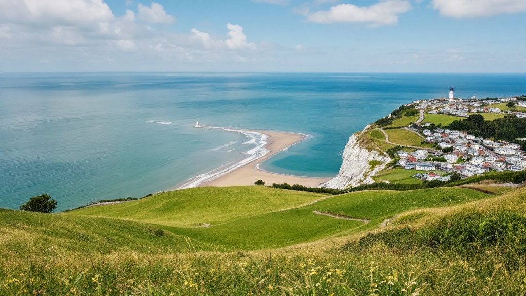 Chalk cliffs and a sandy bay on the Isle of Wight, with static caravans on the downs above