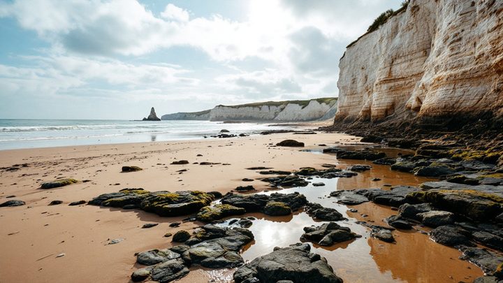 A sandy bay below white chalk cliffs and stacks, with rock pools at low tide
